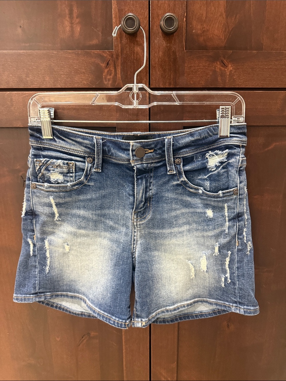 Buckle Distressed Blue Denim Jean Shorts